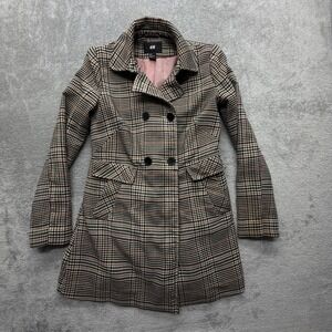 H&M Pea Coat Womens 6 Brown Plaid Tweed Double Breasted Lined Pockets Classic
